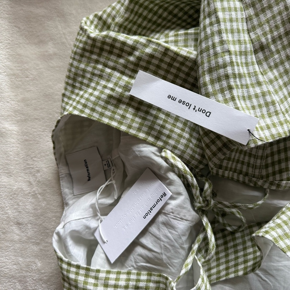 Reformation Amorette Linen Dress in Avocado Check - Picture 6 of 6